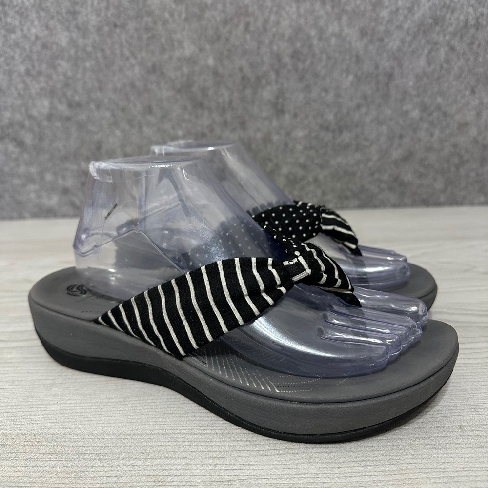 Clarks Cloudsteppers Arla Glison Thong Sandals Womens 9 Grey Stripe Polka‎ Dot